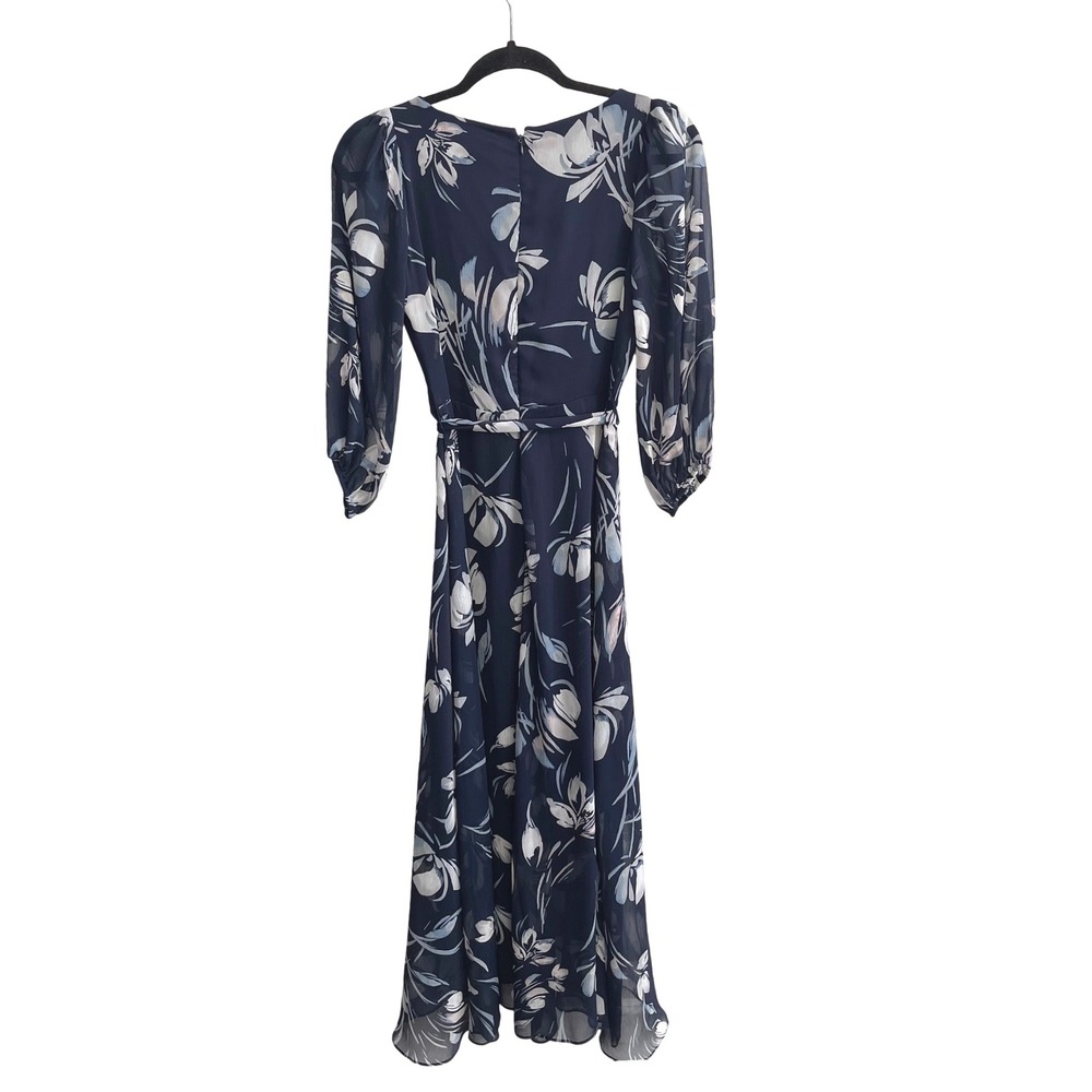DKNY Navy Floral Wrap Maxi Dress Sheer Sleeve Tie Waist Size 2 NWT - Picture 6 of 13